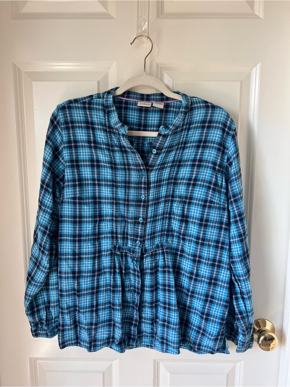 L.L. Bean Teal and Black Plaid Popover Blouse